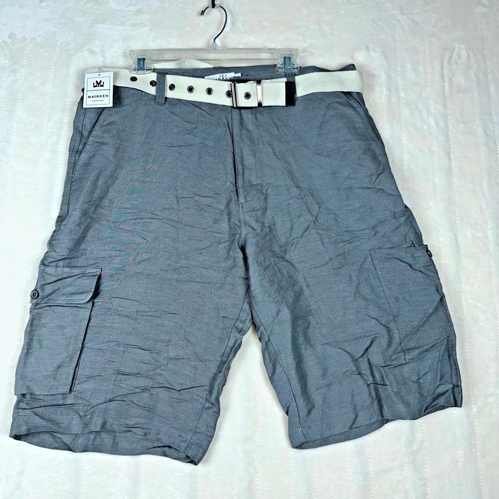 Maireen Men's Gray Linen Blend Cargo Shorts Size 38 w/ Belt‎ Casual Summer